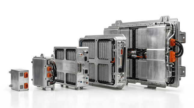 Modular electric vehicle battery systems and lithium ion power storage components isolated on clean white background
