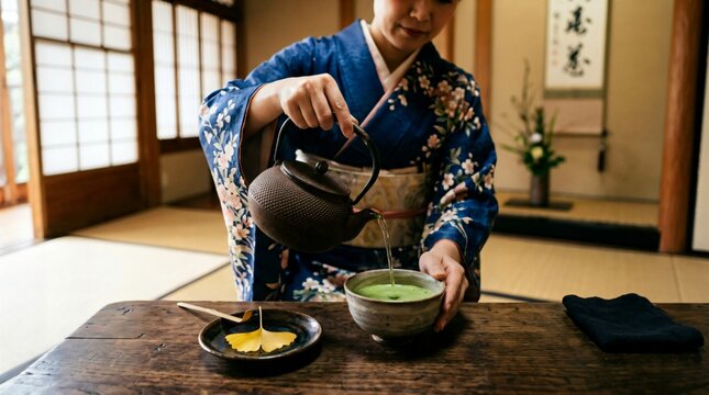 Japanese Woman in Kimono Pouring Matcha Tea in Traditional Room