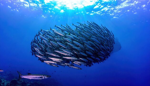 Massive school of shimmering sardines tightly schooling underwater to evade a predatory barracuda in the deep blue ocean.