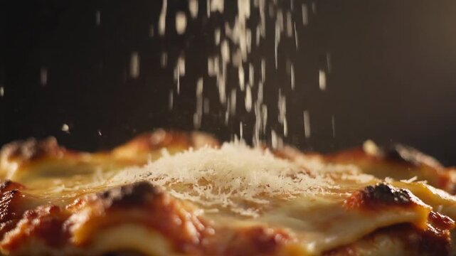 Slow motion grated parmesan cheese falling gently over freshly baked lasagna, golden light highlighting texture, macro food cinematography, shallow depth of field, ultra realistic detail, premium food