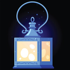 Obraz premium Vintage magic lantern with burning candle, vector cartoon antique hanging candle holder, fairytale lamp blue cube shape