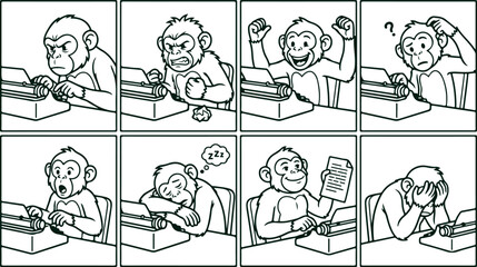 Eight frames showing monkey typing on typewriter expressing different emotions like anger confusion joy sleep and success simple line art vector illustration. © Sadhin