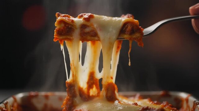 Ultra realistic slow motion footage of a hot lasagna slice being lifted from baking dish, long stretchy melted mozzarella cheese pull, visible steam rising, rich meat sauce layers, dark moody backgrou
