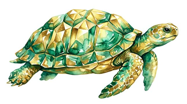 Isolated sea turtle with geometric faceted shell in gold and emerald tones, rendered in low-poly style. Suitable for wildlife design, educational materials, and decorative applications.