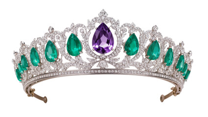 Ornate diamond tiara with emerald and amethyst gemstones © Isolde