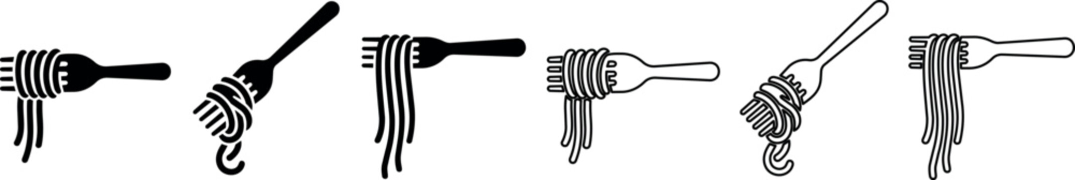 A set of fork and spaghetti illustrations in black and white minimalist vector style, perfect for culinary branding and menu design