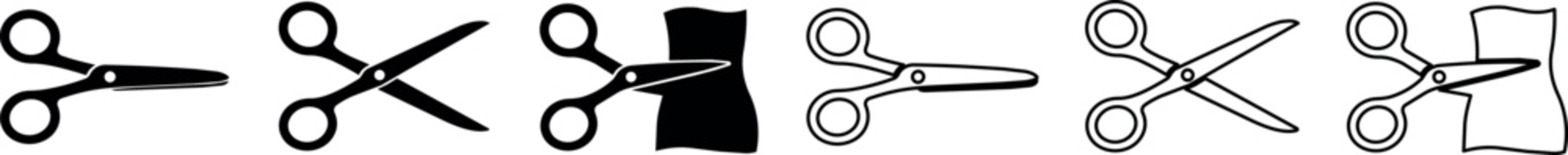A set of scissors in various styles including black and white outline vector design, suitable for crafting and design projects