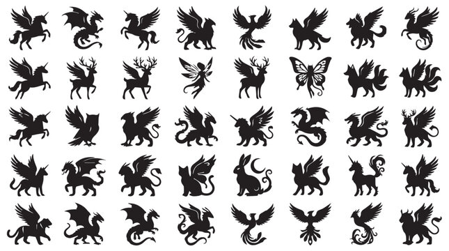 Mythical creatures silhouette collection, 40 fantasy animal icons including dragon and unicorn, black folklore beast vector set for logo design