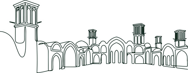 Architectural panorama of traditional middle eastern buildings with windcatchers and domes in minimalist continuous line art style vector illustration isolated. © Sadhin