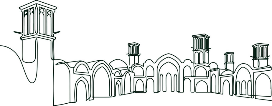 Architectural panorama of traditional middle eastern buildings with windcatchers and domes in minimalist continuous line art style vector illustration isolated.
