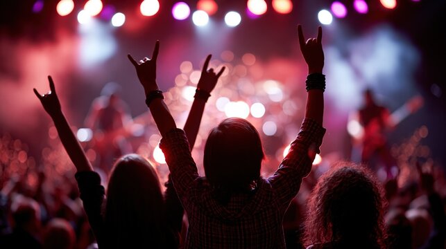 Energetic crowd with hands raised in rock and roll salute at a vibrant live concert