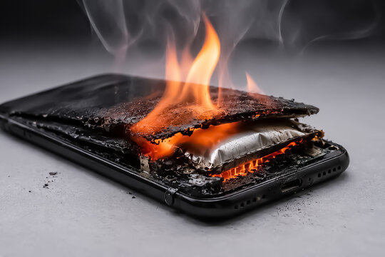 スマホの電池が膨張して燃えている画像
