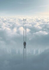 Obraz premium Man climbing a tall ladder reaching towards the sky above clouds with city skyline below