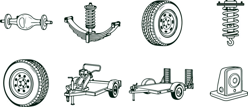 Set of automotive parts and trailer components including axle, suspension, leaf spring, tire, and towing hitch for vehicle repair and maintenance illustration.