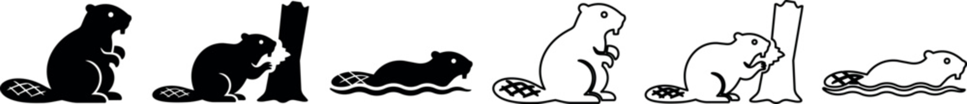 A set of playful beaver illustrations in black and white vector style, perfect for nature-themed designs and educational materials