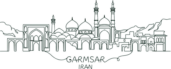 Garmsar Iran skyline illustration with mosques, minarets, domes, and mountains in continuous single line art style. © Sadhin