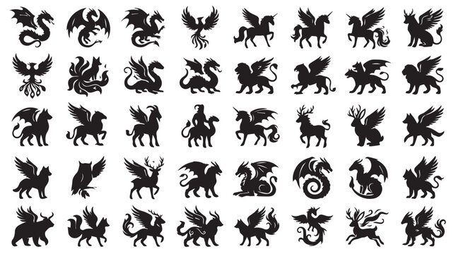 Mythical creatures silhouette icons, 40 fantasy animal vector set, black dragon and phoenix symbols, heraldic beast graphics for gaming and logos