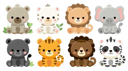Fototapeta premium Collection of Cute Cartoon Safari Animals - Bear, Tiger, Lion, Elephant, Panther, Zebra