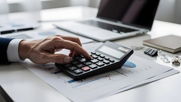 Accountant hand using calculator to calculate finance report with data sheets.