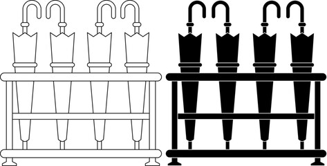 Umbrella stand icon set featuring umbrella or parasol or parapluie in a storage rack in outline and silhouette.for Weather, rain protection, office, hotel and public facility symbol © Rustanto