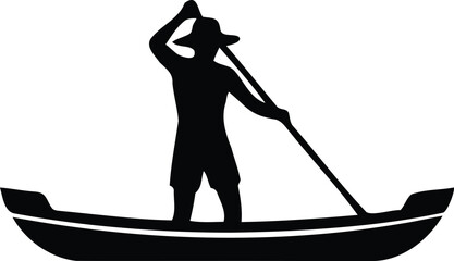 Traditional man standing in a boat using a long pole for river transportation travel silhouette vector icon design element © Kahima