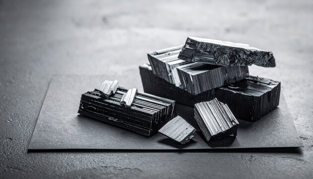 Stack of various sized graphite blocks and shards displaying shimmering layers