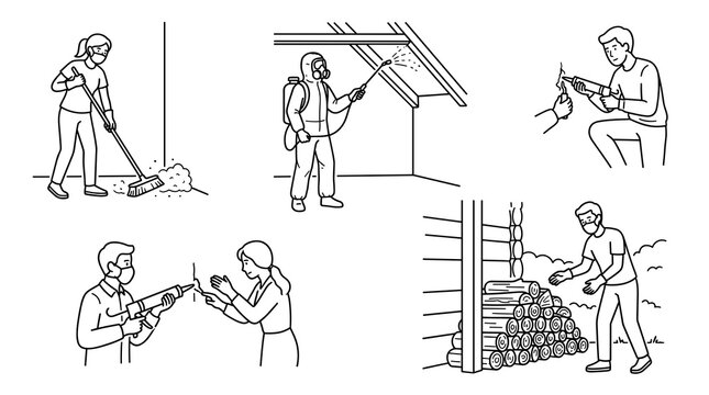Line art vector collection of hantavirus prevention showing people sweeping dust, sealing cracks, spraying pesticide, and handling firewood safely with face masks.