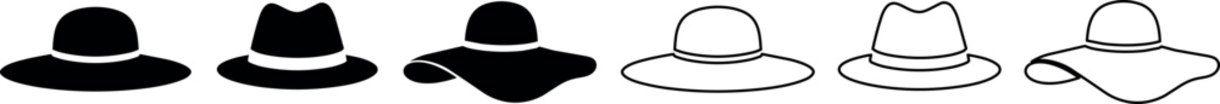 A collection of various hat silhouettes including fedoras and wide-brimmed styles in black and white minimalist vector design, ideal for fashion branding