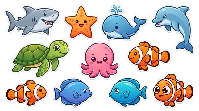Collection of cute cartoon sea animal stickers featuring a shark starfish whale dolphin turtle octopus and colorful tropical fish species