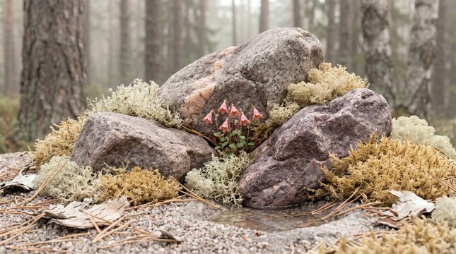 Pink twinflowers blooming between lichen covered rocks in woodland