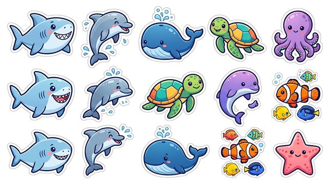 Collection of cute cartoon sea animal stickers featuring sharks dolphins whales turtles octopuses and colorful tropical fish for kids decoration