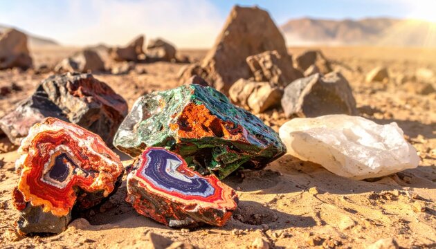 Vibrant Agate and Mineral Rocks Displayed in Arid Desert Landscape