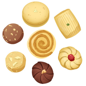 Anime Style Bakery Cookie Selection Vector with Pinwheel Spiral Biscuit, Jam Thumbprint, Chocolate Almond Sweets, and Butter Shortbread Clipart Set