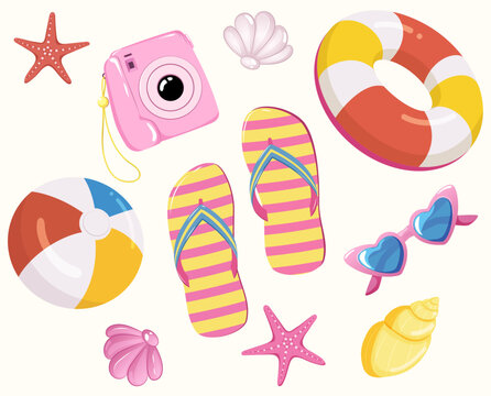 Cute Summer Beach Accessories Set with Flip Flops, Beach Ball, Sunglasses, Pool Float Ring, Starfish, Seashells and Instant Camera Vector Illustration