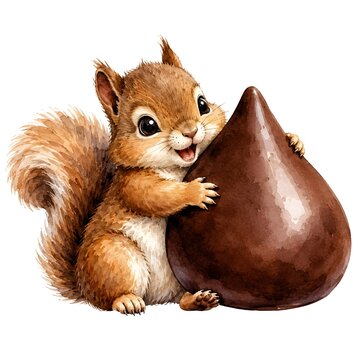 Adorable Watercolor Red Squirrel with Large Fluffy Tail Sitting and Happily Hugging a Giant Sweet Dark Chocolate Drop Hershey Kiss Isolated on White Background