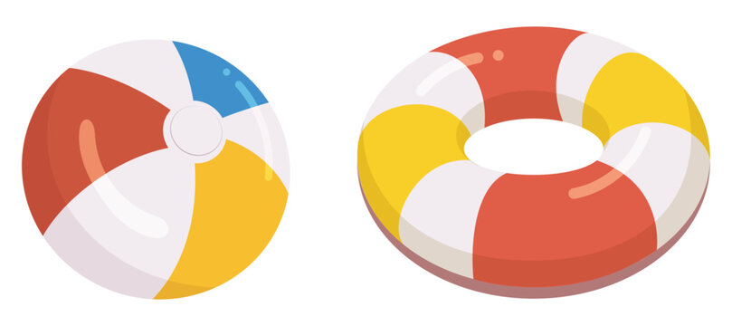 Summer Pool Float and Beach Ball Red Yellow Blue and White Panels Inflatable Swim Toys - Isolated Vintage Style Summer Holiday Design Elements