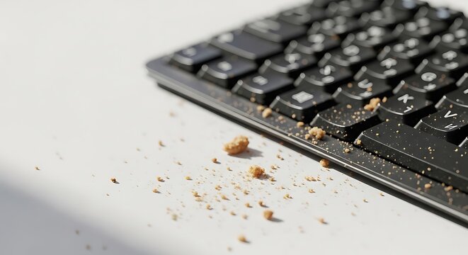 Crumbly keyboard crumbs on white surface.