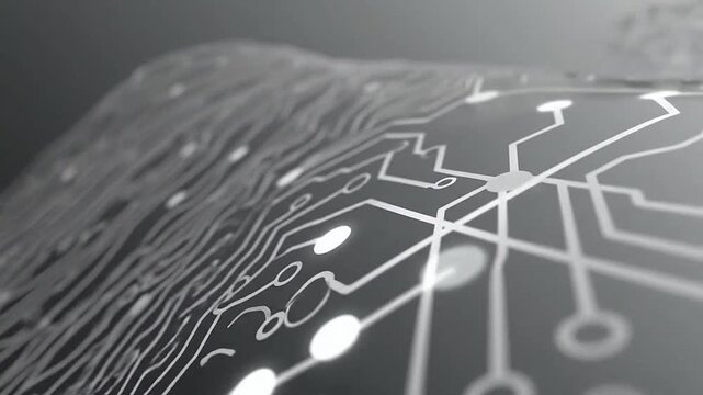 Abstract digital circuit board pattern flowing across a wavy surface