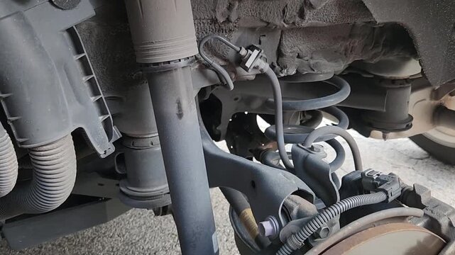 Video footage showing a close-up view of vehicle suspension components with exposed shock absorber, coil spring, control arm, and brake system hardware. Automotive maintenance footage documenting mech