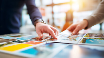 Fototapeta premium Creative professionals reviewing printed design layouts and visual concepts during collaborative meeting. Graphic design, branding, marketing and teamwork concept.