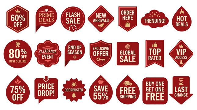A collection of red sale and discount badges, tags, and labels indicating promotions like 60% off, clearance, new arrivals, and hot deals