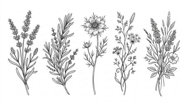 Collection of hand drawn lavender and wildflower botanical line art for elegant stationery