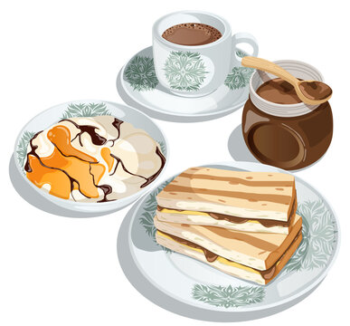 Singaporean Breakfast Set with Kaya Toast, Soft Boiled Eggs, Dark Kopi Coffee, and Pandan Coconut Jam Jar Illustration