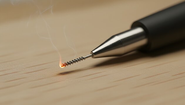 Close up of a hot wood burning tool wire tip glowing orange and emitting thin smoke on a light wooden surface for creative pyrography art and handcraft concept