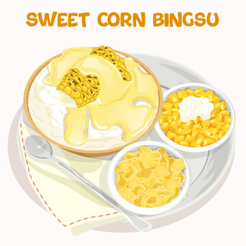 Traditional Korean Sweet Corn Bingsu Dessert Featuring Shaved Ice with Heavy Cream, Corn Puree, Roasted Kernels, Crispy Flakes, Spoon, and Napkin on a Plate, Vector Food Illustration