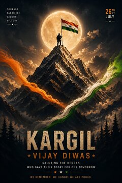 Kargil Vijay Diwas Poster with Indian Flag on Mountain Peak | 26 July Tribute to Brave Soldiers