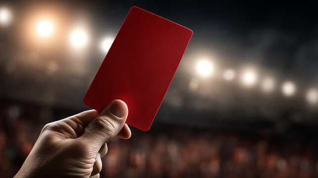 Referee showing red card during a football match under stadium lights. Sports penalty, foul play, discipline, competition rules, soccer officiating and game management concept.