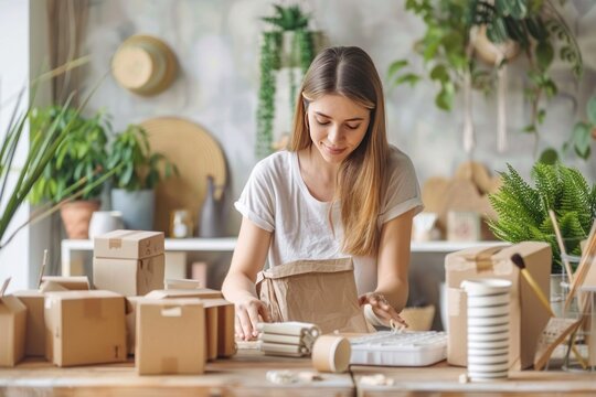Woman packing handmade products into eco-friendly gift boxes decorated with twine