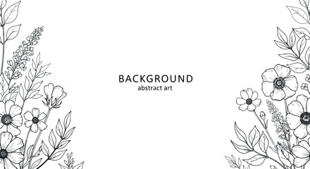 Elegant floral border frame featuring hand drawn wildflowers and foliage in black ink line art style for wedding stationery and greeting card design © HexaFrame