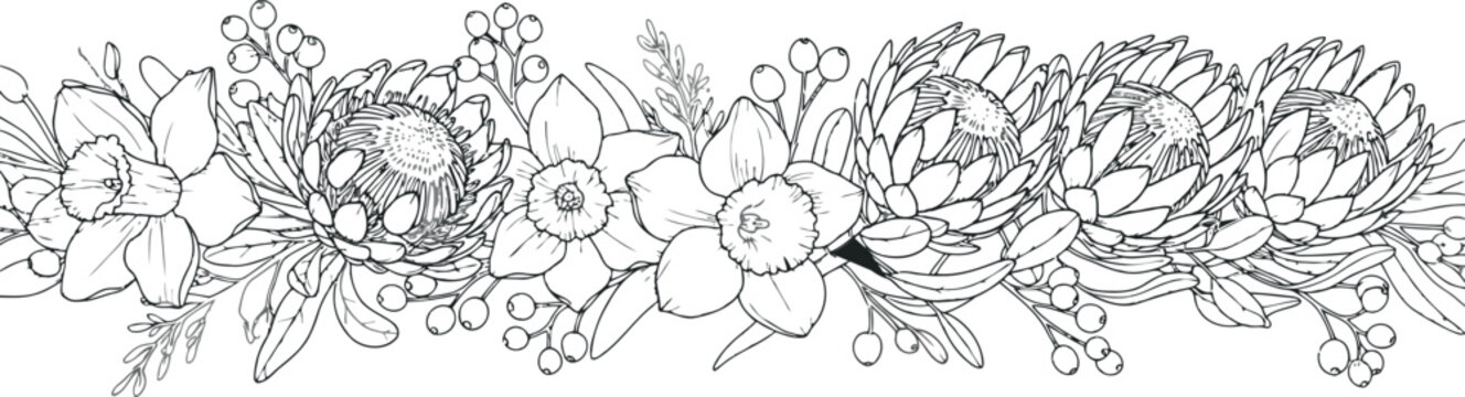 Horizontal decorative border featuring protea flowers and daffodils with intricate botanical line art for elegant wedding invitation and event stationery design